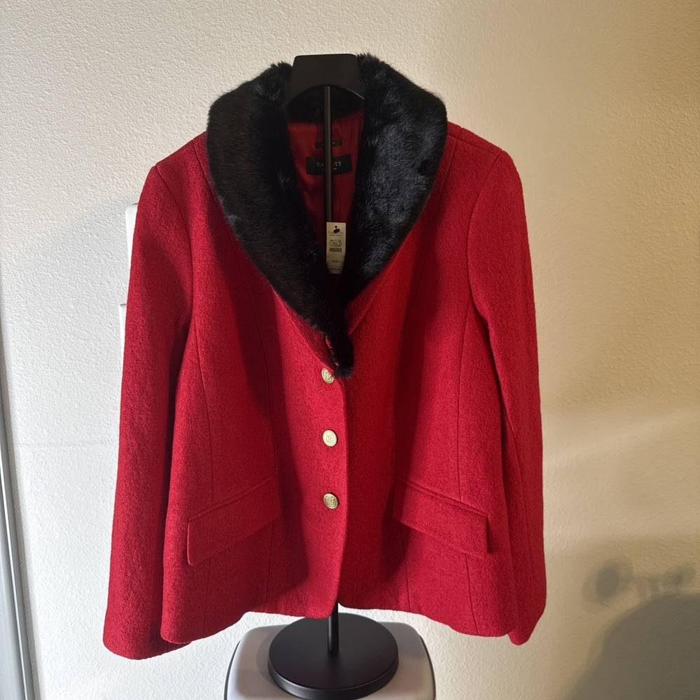 Talbots Women's Wool Blend Faux Fur Collar Jacket Red Plus Petite Size 18WP New